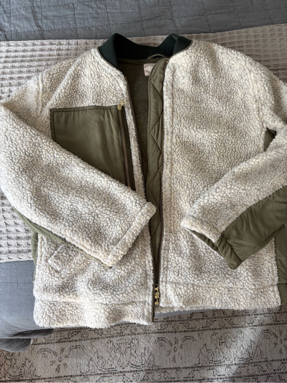 We The Free Cream Sherpa Jacket with Olive Accents
